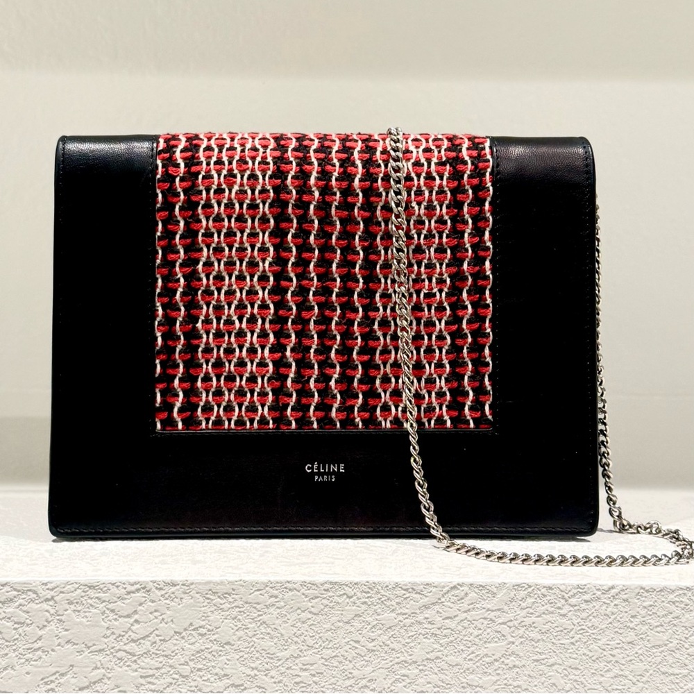 •••SOLD•••Auth Celine Tweed Leather Frame Crossbody Chain Bag In Black